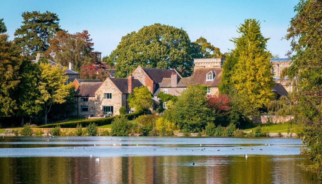 A house greatly affected by the environment, a river in front and trees surrounding.