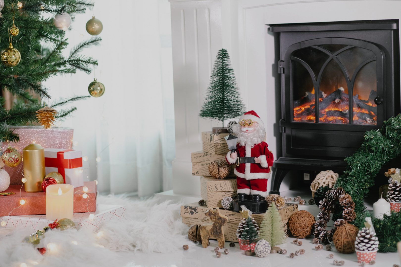 Chimney and fireplace in a house with Christmas decorations